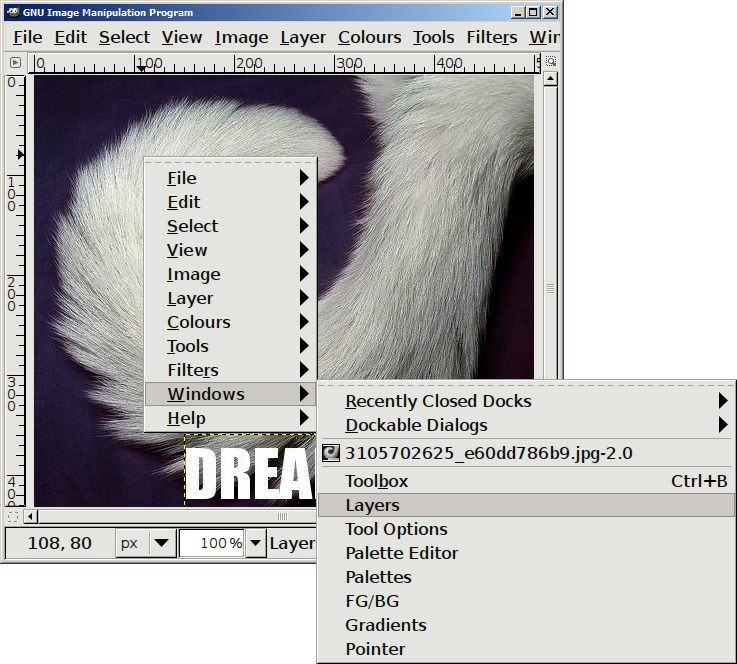 The Windows->Layers menu option.
