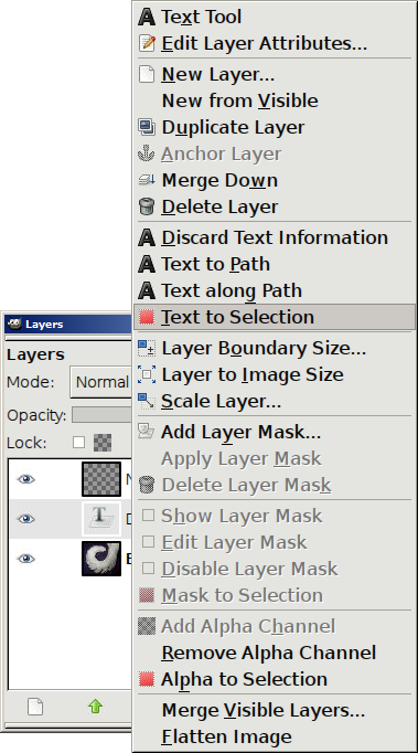 The context menu of the Layers window, with 'Text to Selection' highlighted.