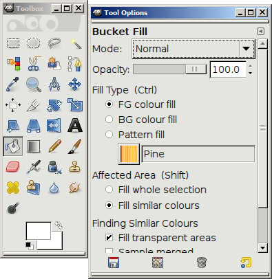 The Toolbox, with the Fill tool selected, and the Tool Options window next to it.